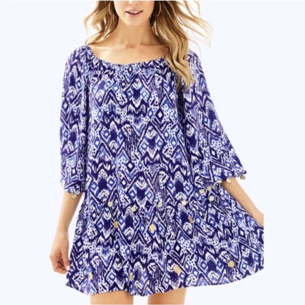 Lilly Pulitzer Blue Print Delaney Tunic Dress Off The Shoulder Coin Shell Size S